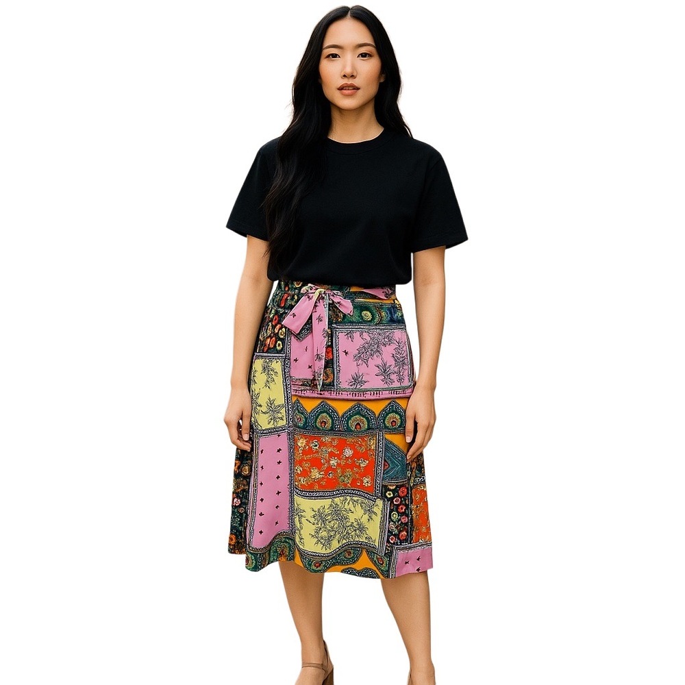 Melissa Paige Skirt Multi Color Patchwork‎ Floral Stretch Tie Waist Midi Small
